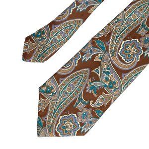 Van Heusen Classic Collection Paisley Mens Brown Beige Teal Silk Necktie 60in